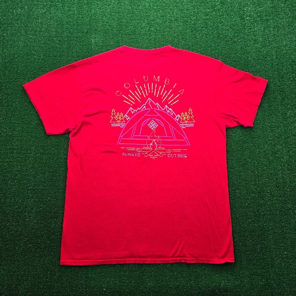 Columbia Tshirt Mens Large Red Short Sleeve Always Outside Outdoor Campfire Tent
